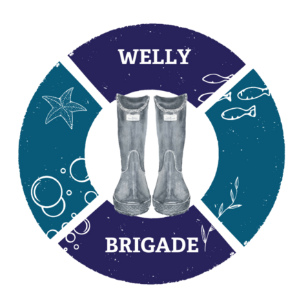 A logo with welly brigade written on it and a pair of welly boots